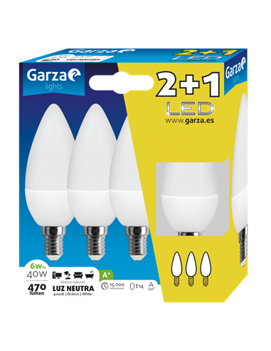 Bombilla led vela 5,5w e14 470l 4000k2+1 de garza caja de 6 unidades