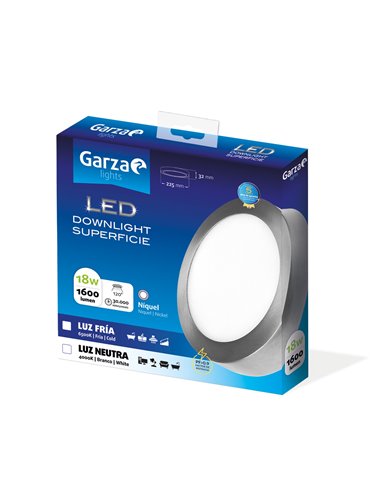 Downlight cirular superficie ø225 18w 6500k niquel de garza