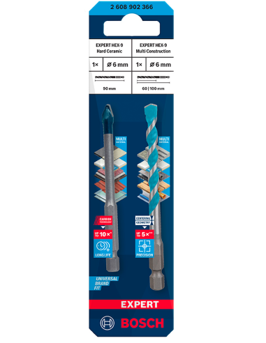 Juego brocas ceramic+multic hex9 6mm 2pz de bosch construccion / industria